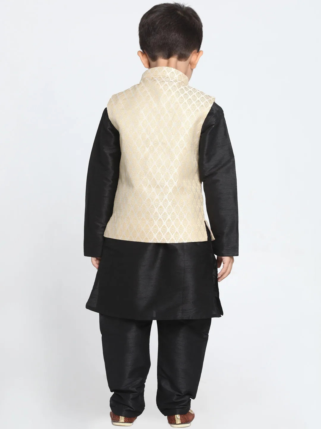 Jashvi Cream and Black Color Silk Blend  Baap Beta Jacket Kurta Pyjama set