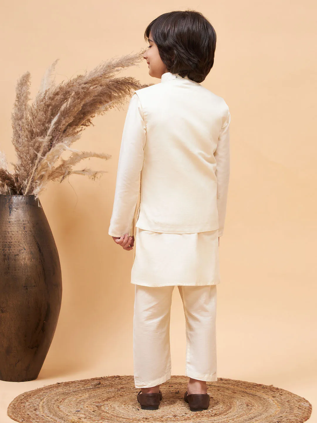 Jashvi Cream Mirror Jacket With Cream Kurta and Pyjama Baap Beta Set