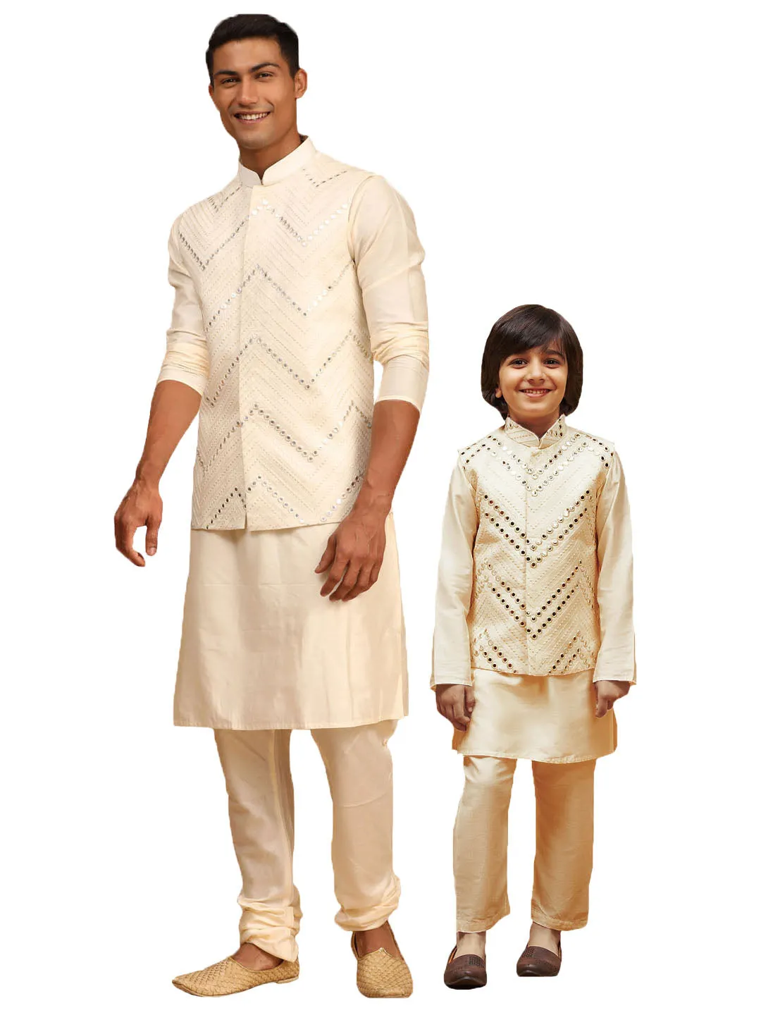 Jashvi Cream Mirror Jacket With Cream Kurta and Pyjama Baap Beta Set