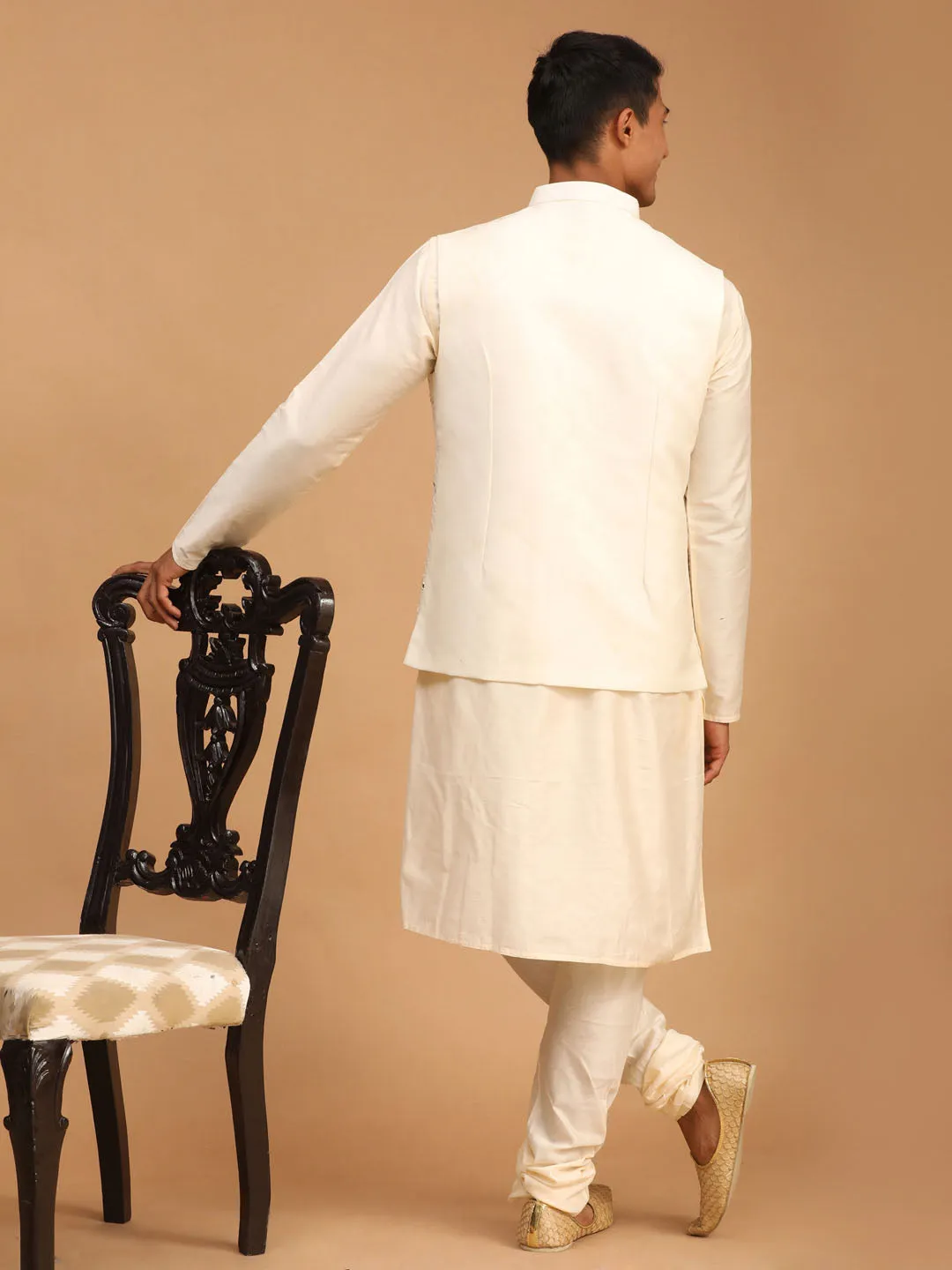 Jashvi Cream Mirror Jacket With Cream Kurta and Pyjama Baap Beta Set