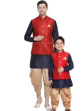 Jashvi Maroon, Navy Blue and Rose Gold Silk Blend Baap Beta Jacket Dhoti Kurta set