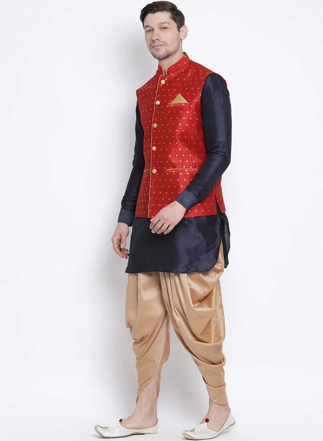 Jashvi Maroon, Navy Blue and Rose Gold Silk Blend Baap Beta Jacket Dhoti Kurta set