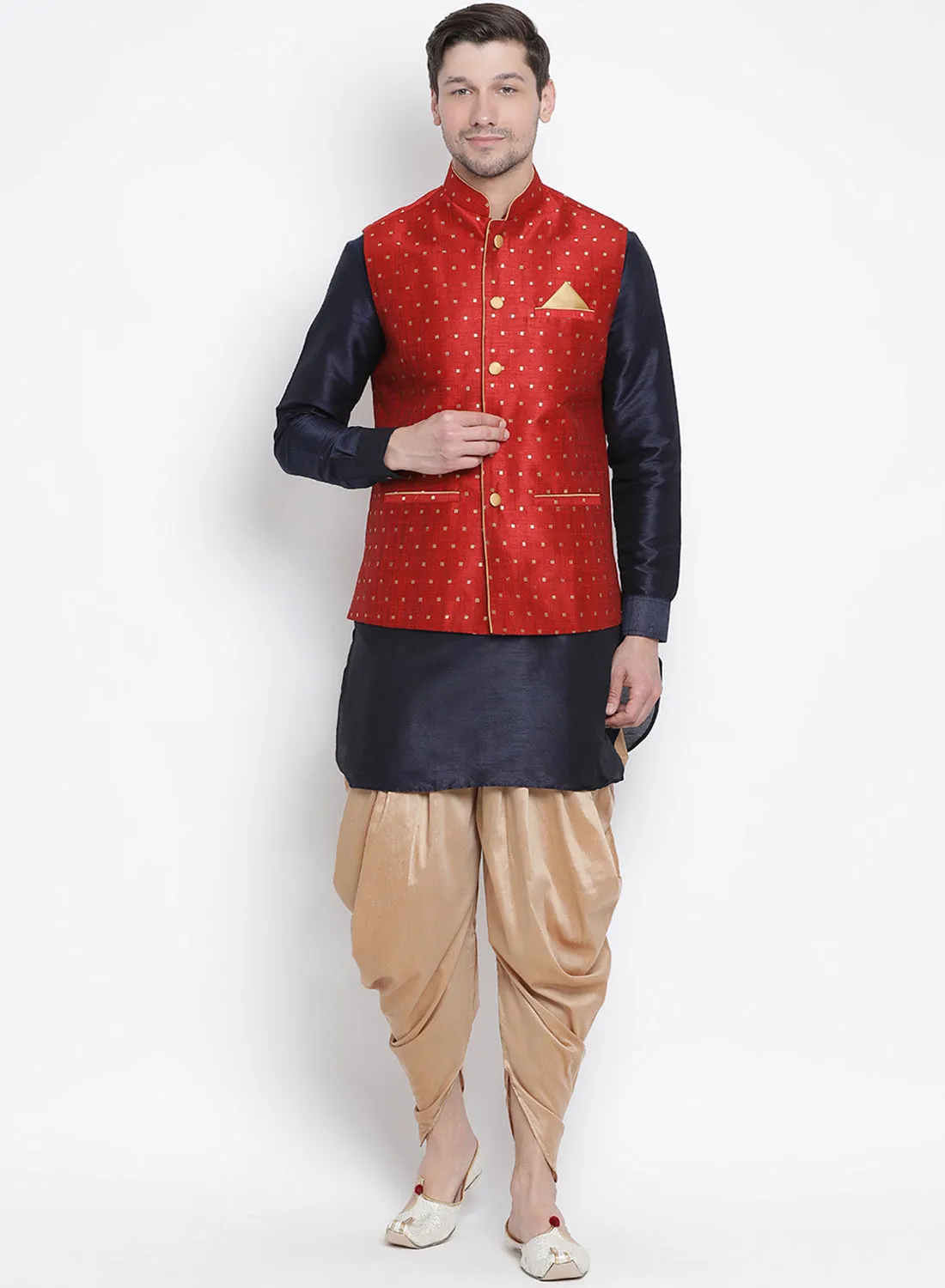 Jashvi Maroon, Navy Blue and Rose Gold Silk Blend Baap Beta Jacket Dhoti Kurta set