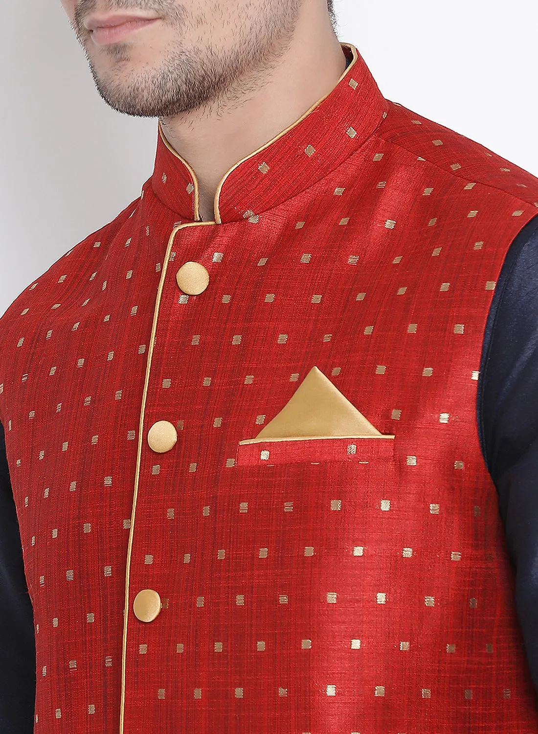 Jashvi Maroon, Navy Blue and Rose Gold Silk Blend Baap Beta Jacket Dhoti Kurta set