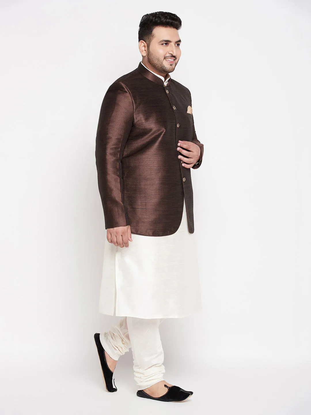 Jashvi Men' Plus Size Coffee Silk Blend Jodhpuri With Cream Kurta Pyjama Set