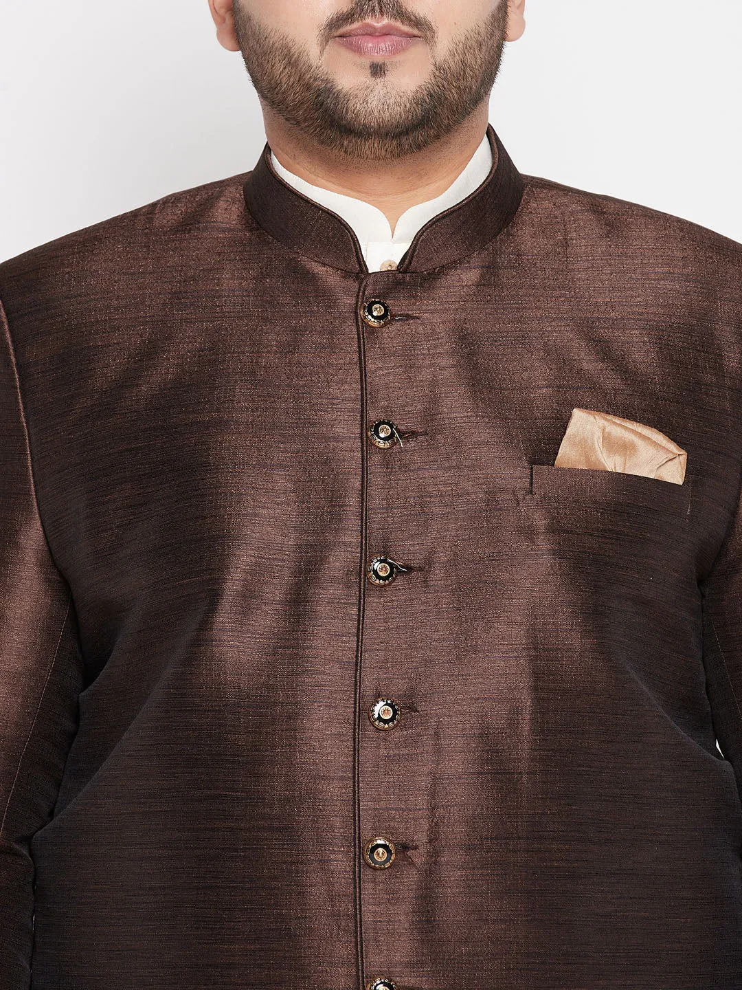 Jashvi Men' Plus Size Coffee Silk Blend Jodhpuri With Cream Kurta Pyjama Set