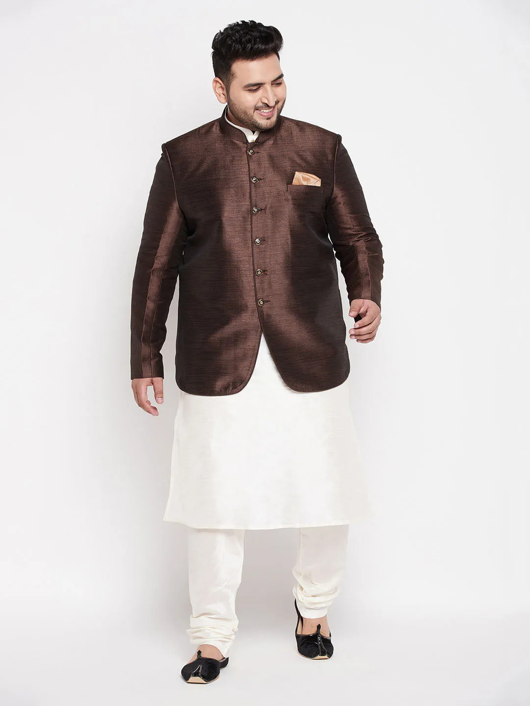 Jashvi Men' Plus Size Coffee Silk Blend Jodhpuri With Cream Kurta Pyjama Set