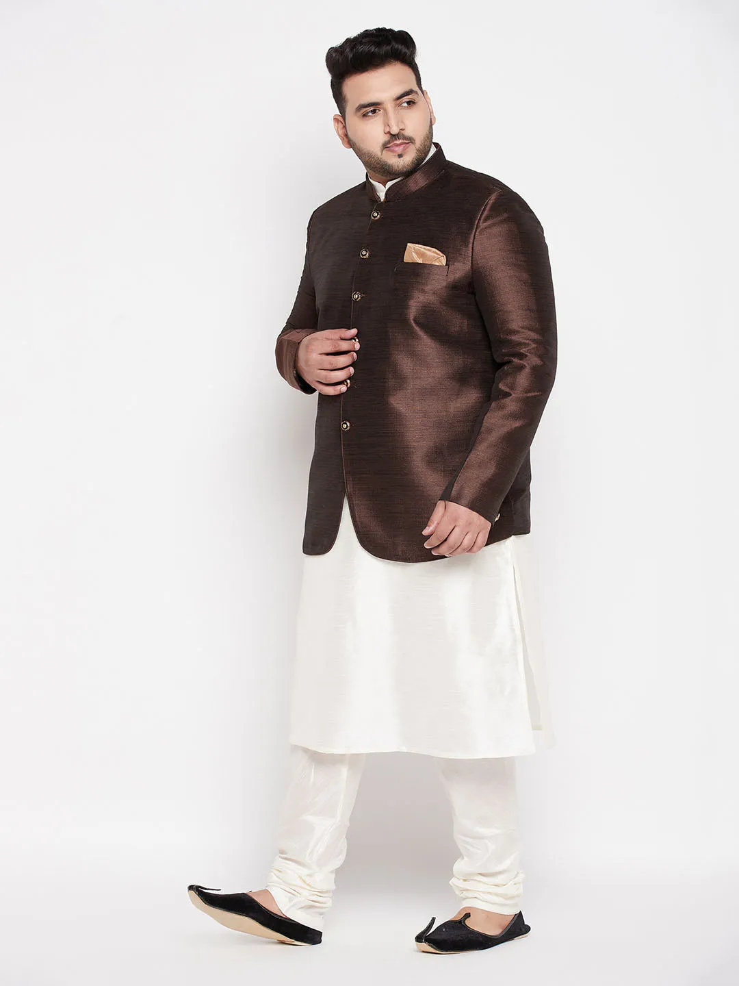 Jashvi Men' Plus Size Coffee Silk Blend Jodhpuri With Cream Kurta Pyjama Set