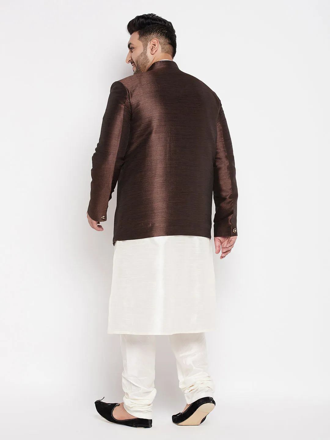 Jashvi Men' Plus Size Coffee Silk Blend Jodhpuri With Cream Kurta Pyjama Set