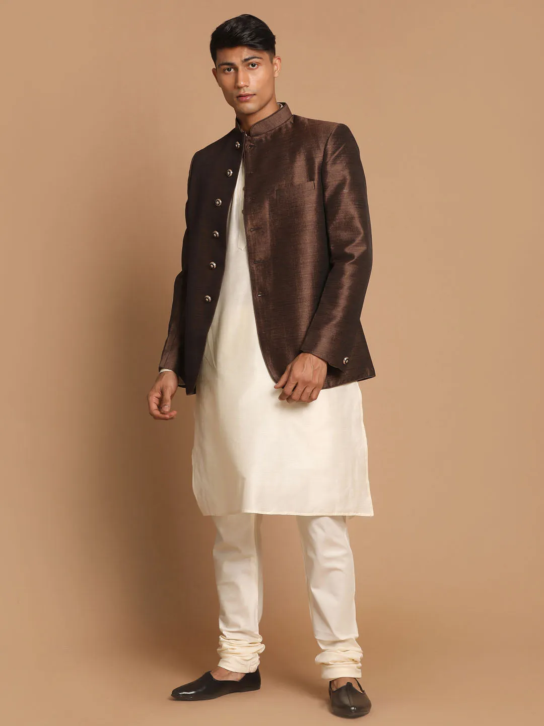 Jashvi Men'Coffee Silk Blend Jodhpuri With Cream Viscose Rayon Kurta Pyjama Set