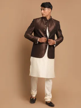 Jashvi Men'Coffee Silk Blend Jodhpuri With Cream Viscose Rayon Kurta Pyjama Set