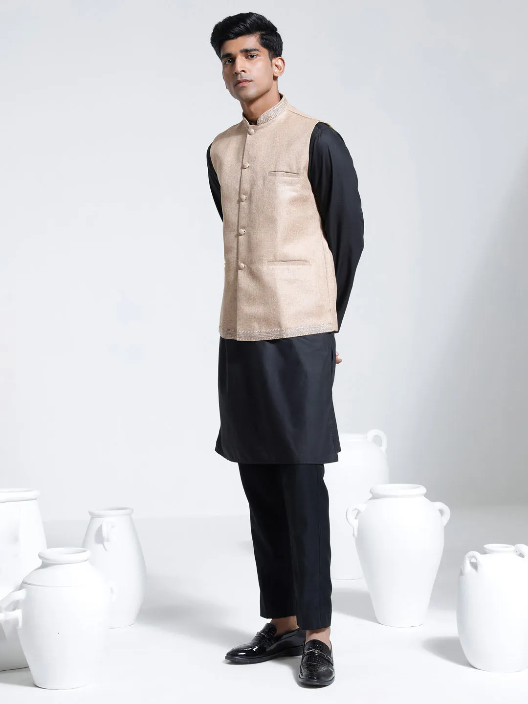 Jashvi Men's Beige And Black Cotton Silk Jacket, Kurta and Pyjama Set