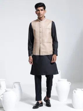 Jashvi Men's Beige And Black Cotton Silk Jacket, Kurta and Pyjama Set