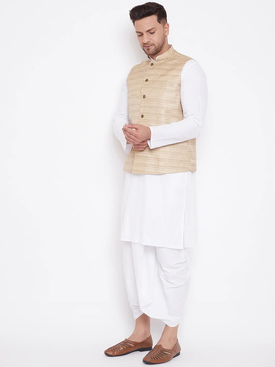 Jashvi Men's Beige And White Cotton Blend Jacket, Kurta and Dhoti Set