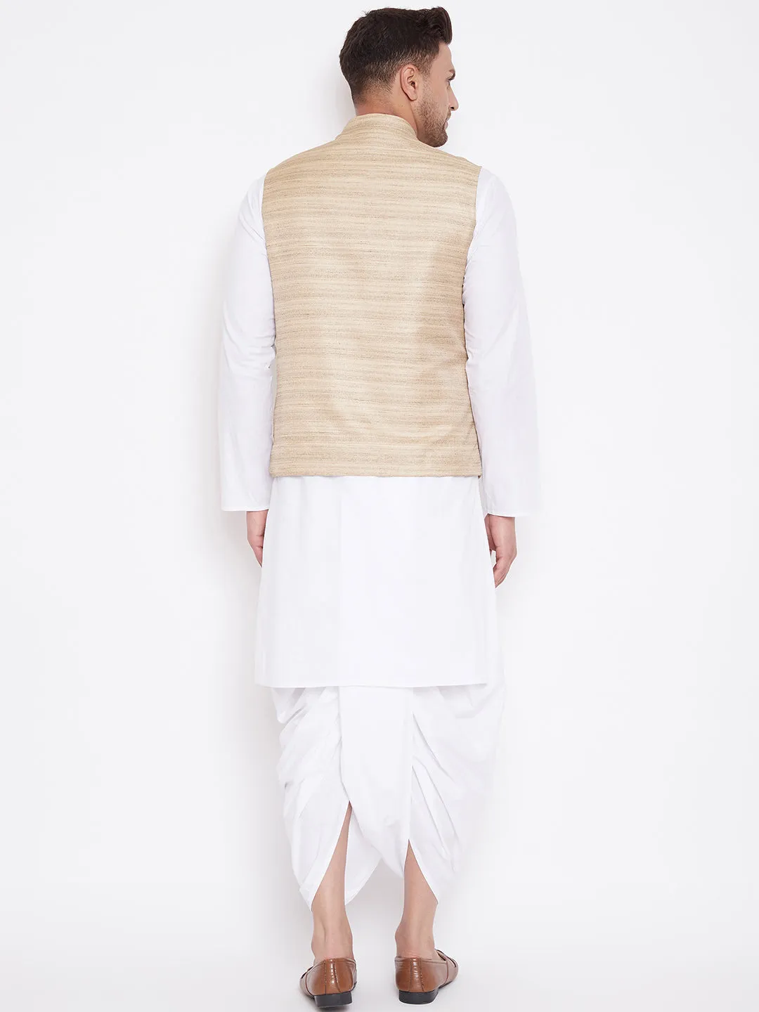 Jashvi Men's Beige And White Cotton Blend Jacket, Kurta and Dhoti Set