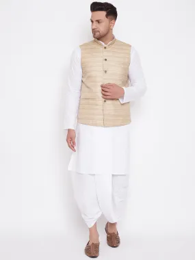 Jashvi Men's Beige And White Cotton Blend Jacket, Kurta and Dhoti Set