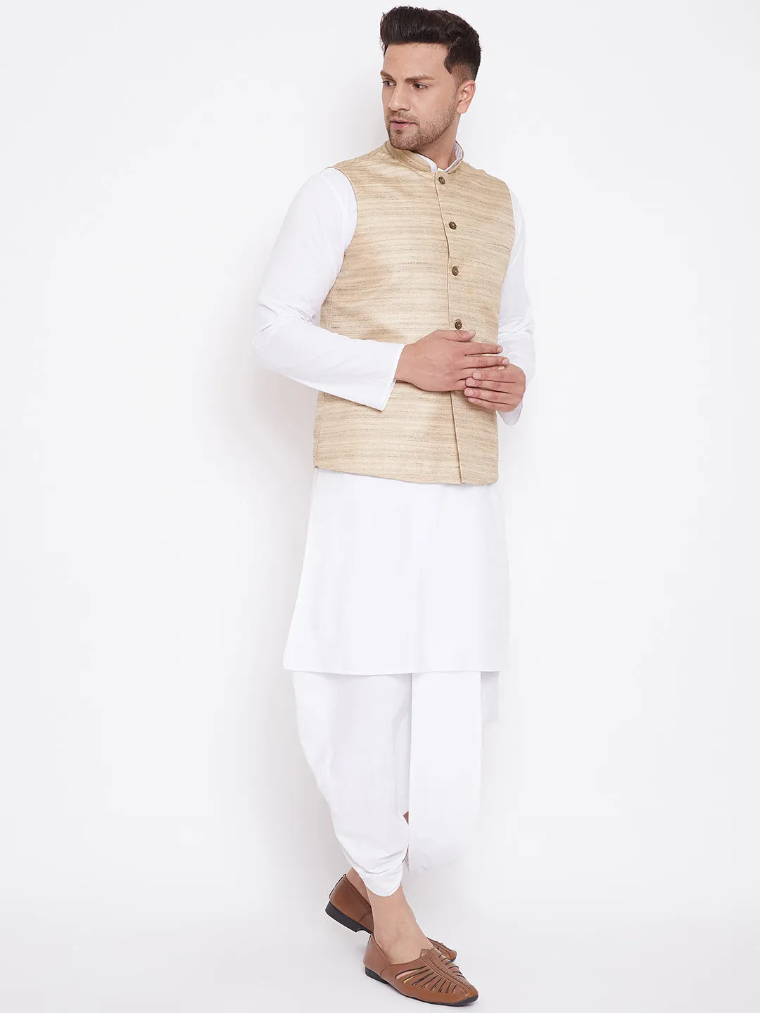 Jashvi Men's Beige And White Cotton Blend Jacket, Kurta and Dhoti Set