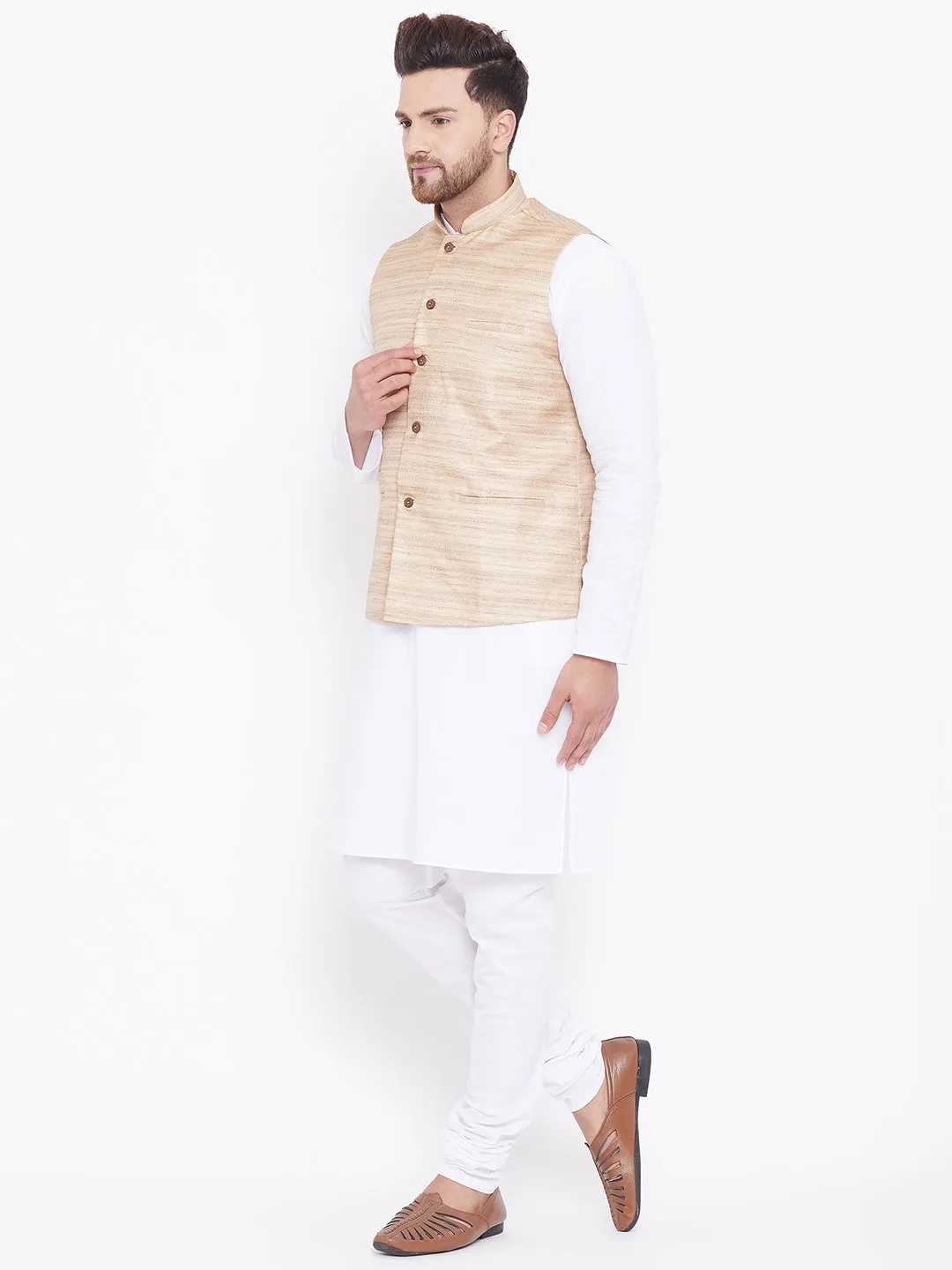 Jashvi Men's Beige And White Cotton Blend Jacket, Kurta and Pyjama Set