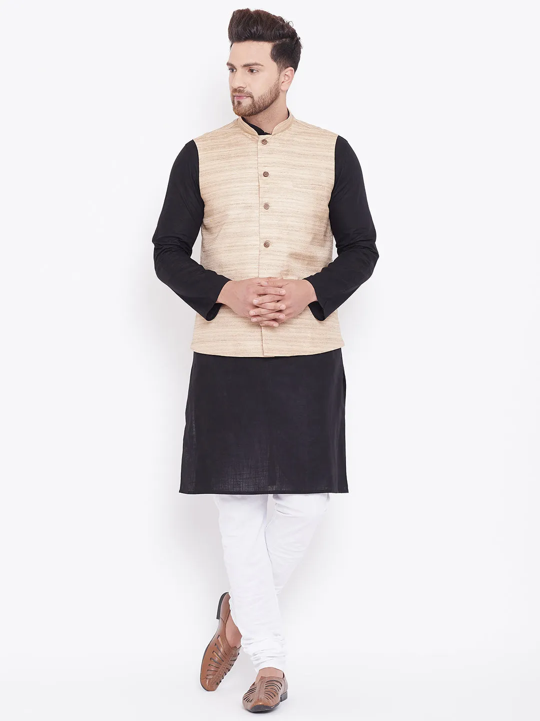 Jashvi Men's Beige, Black And White Cotton Blend Jacket, Kurta and Pyjama Set