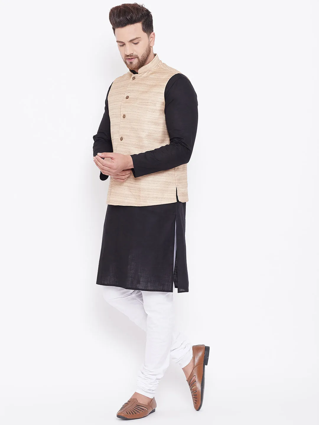 Jashvi Men's Beige, Black And White Cotton Blend Jacket, Kurta and Pyjama Set