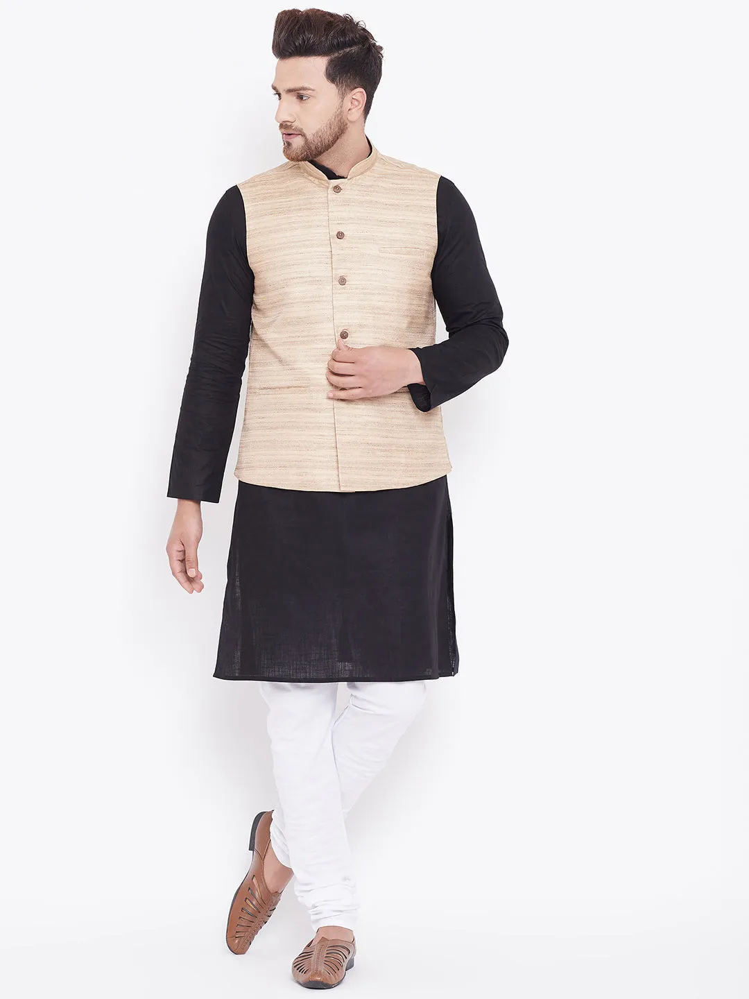 Jashvi Men's Beige, Black And White Cotton Blend Jacket, Kurta and Pyjama Set