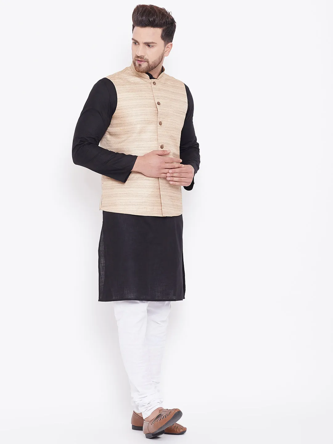 Jashvi Men's Beige, Black And White Cotton Blend Jacket, Kurta and Pyjama Set