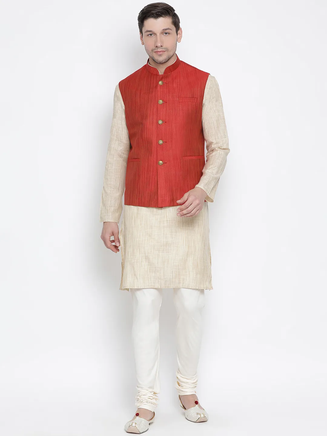 Jashvi Men's Beige Cotton Blend Kurta, Ethnic Jacket and Pyjama Set