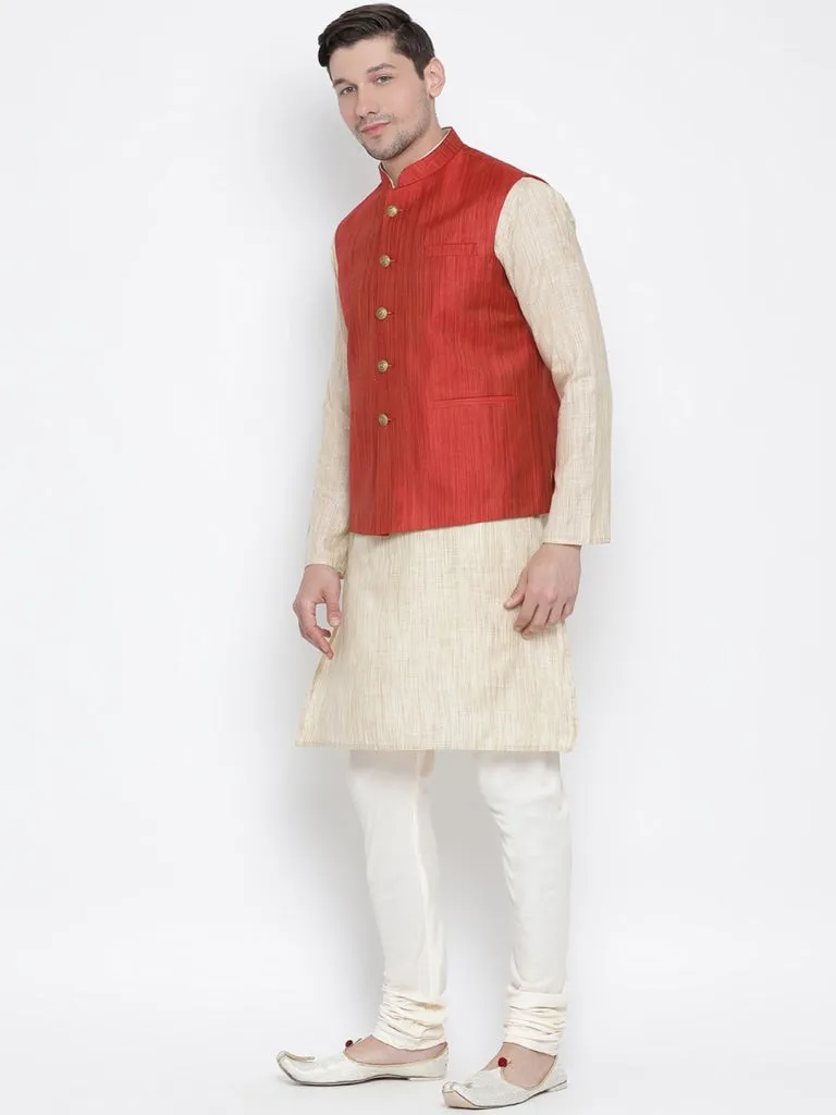 Jashvi Men's Beige Cotton Blend Kurta, Ethnic Jacket and Pyjama Set