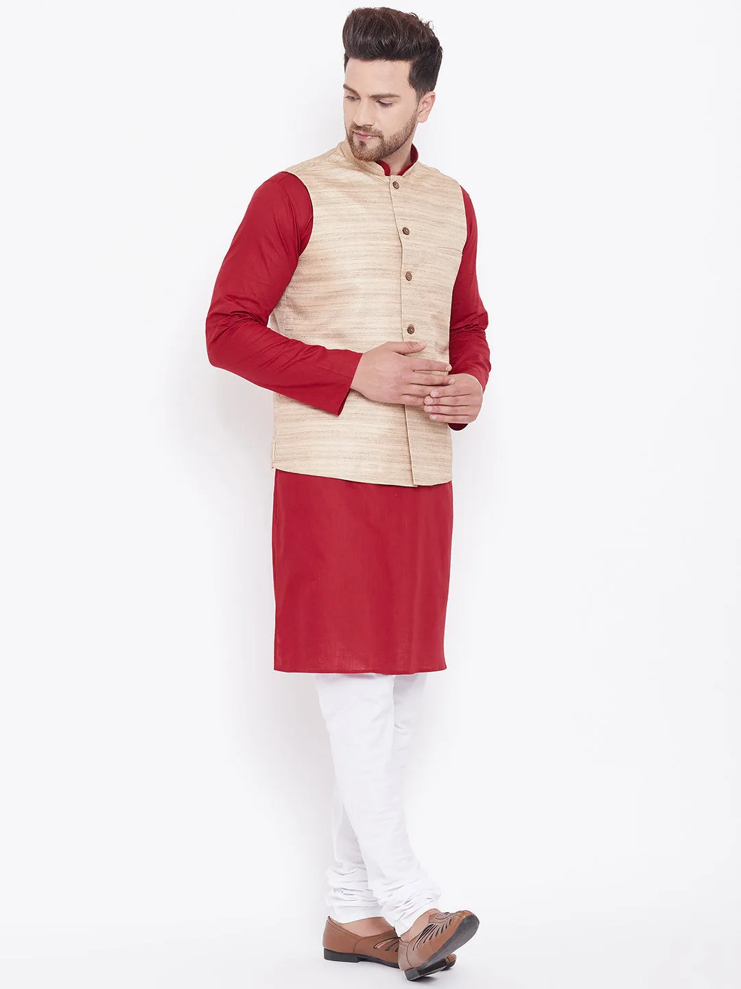 Jashvi Men's Beige, Maroon And White Cotton Blend Jacket, Kurta and Pyjama Set