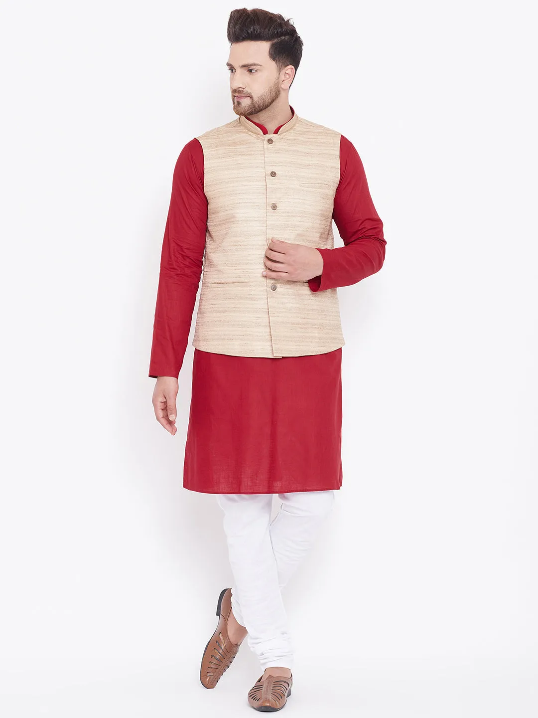 Jashvi Men's Beige, Maroon And White Cotton Blend Jacket, Kurta and Pyjama Set