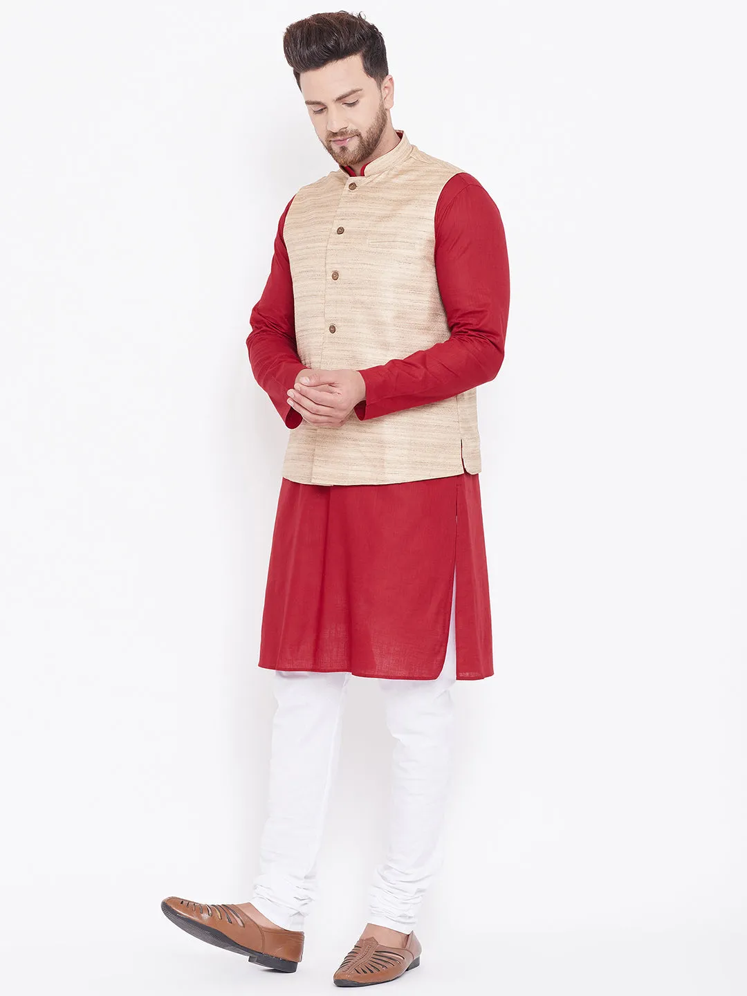 Jashvi Men's Beige, Maroon And White Cotton Blend Jacket, Kurta and Pyjama Set