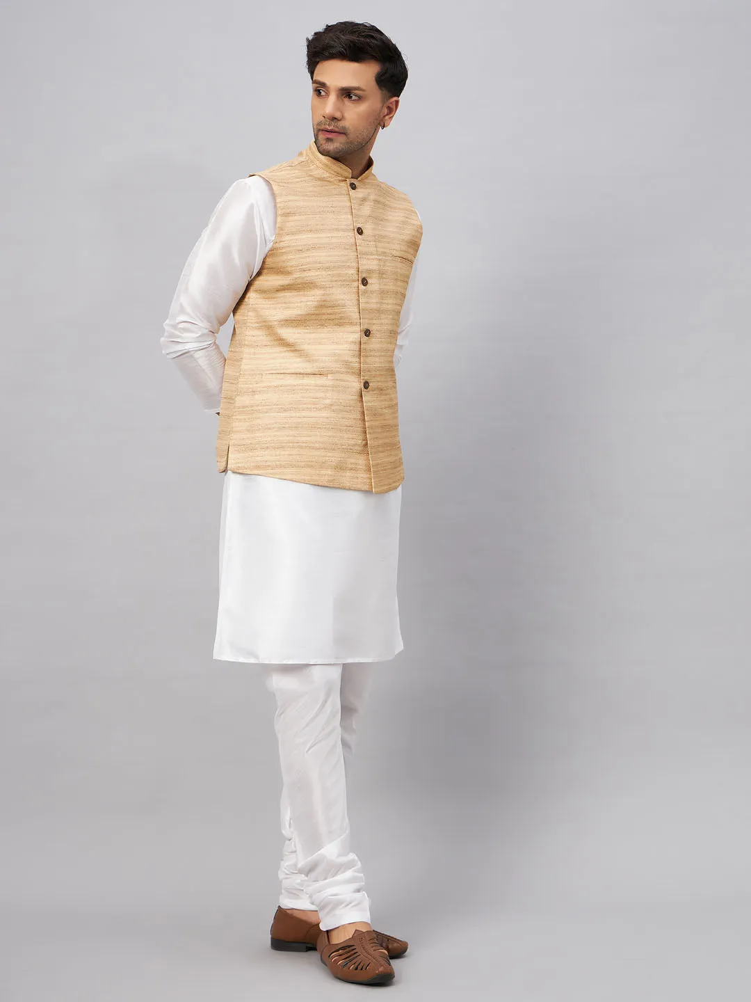 Jashvi Men's Beige Matka Silk Nehru Jacket With White Silk Blend Kurta Pyjama Set