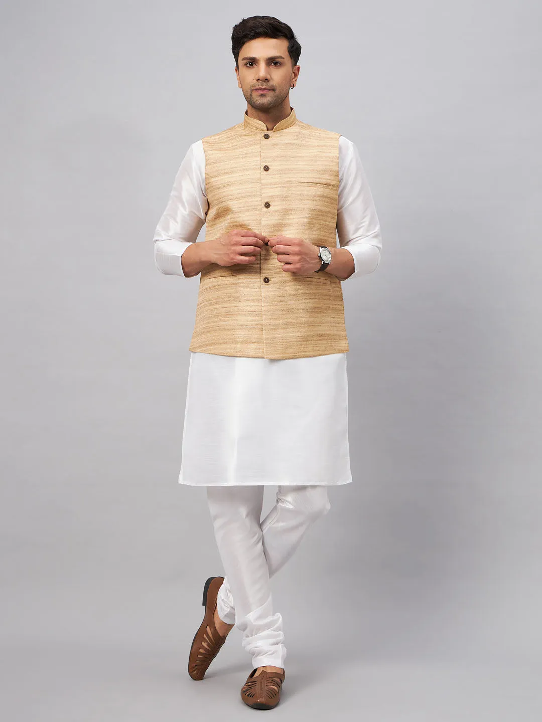 Jashvi Men's Beige Matka Silk Nehru Jacket With White Silk Blend Kurta Pyjama Set