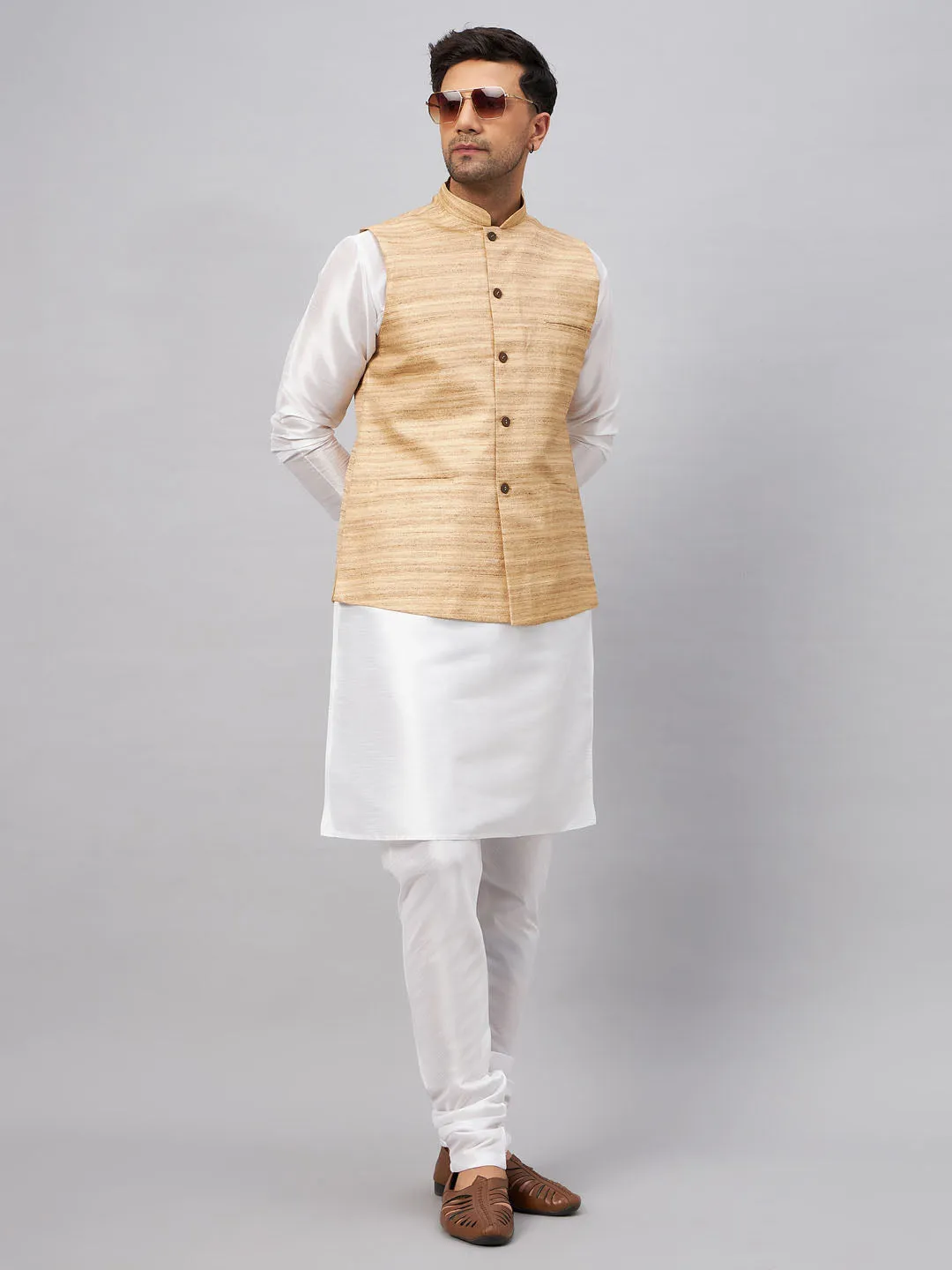 Jashvi Men's Beige Matka Silk Nehru Jacket With White Silk Blend Kurta Pyjama Set