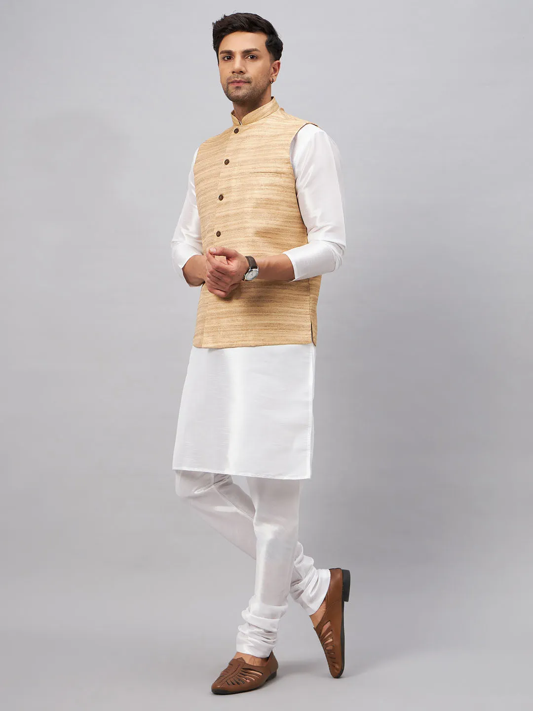 Jashvi Men's Beige Matka Silk Nehru Jacket With White Silk Blend Kurta Pyjama Set