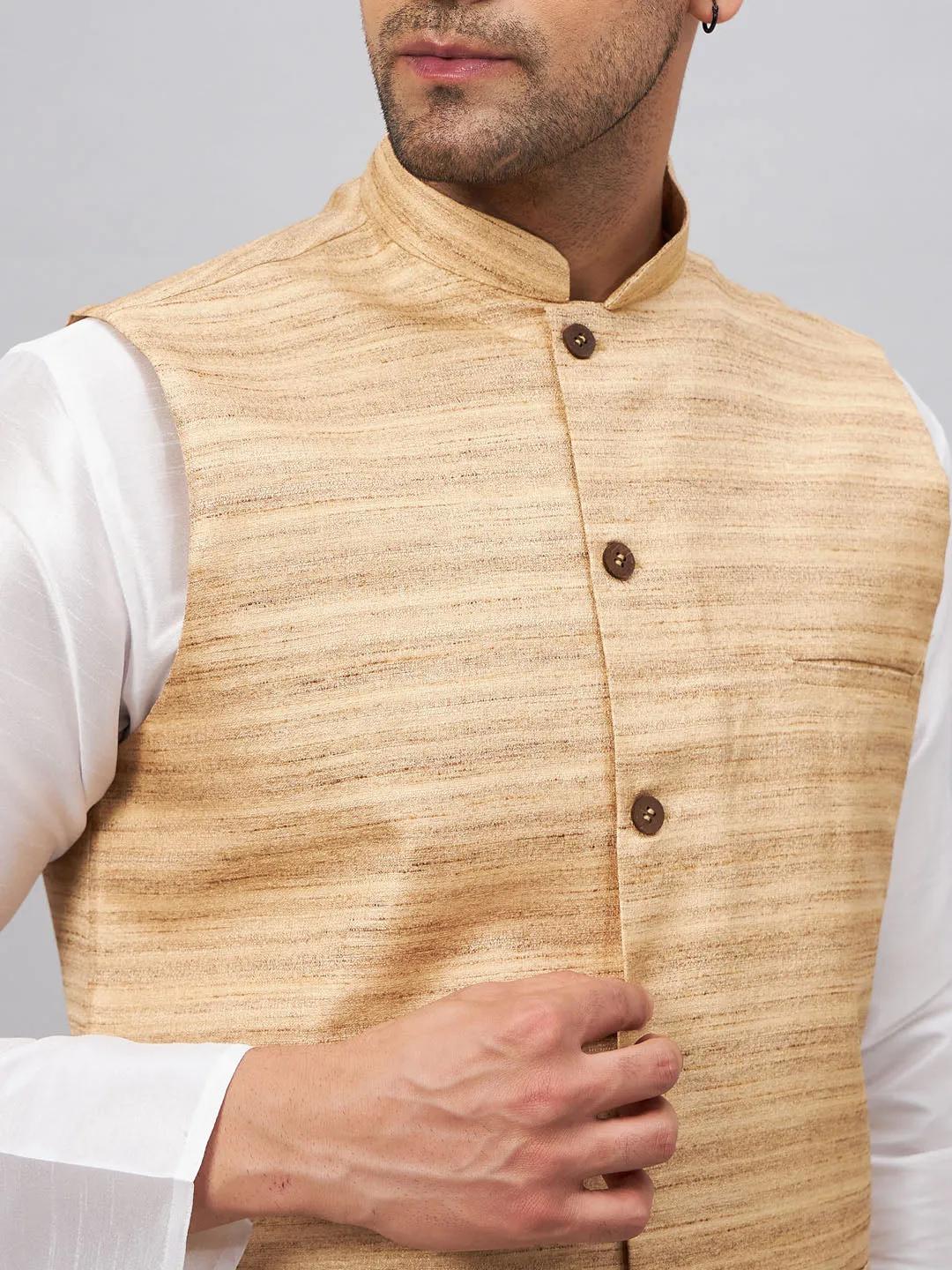 Jashvi Men's Beige Matka Silk Nehru Jacket With White Silk Blend Kurta Pyjama Set