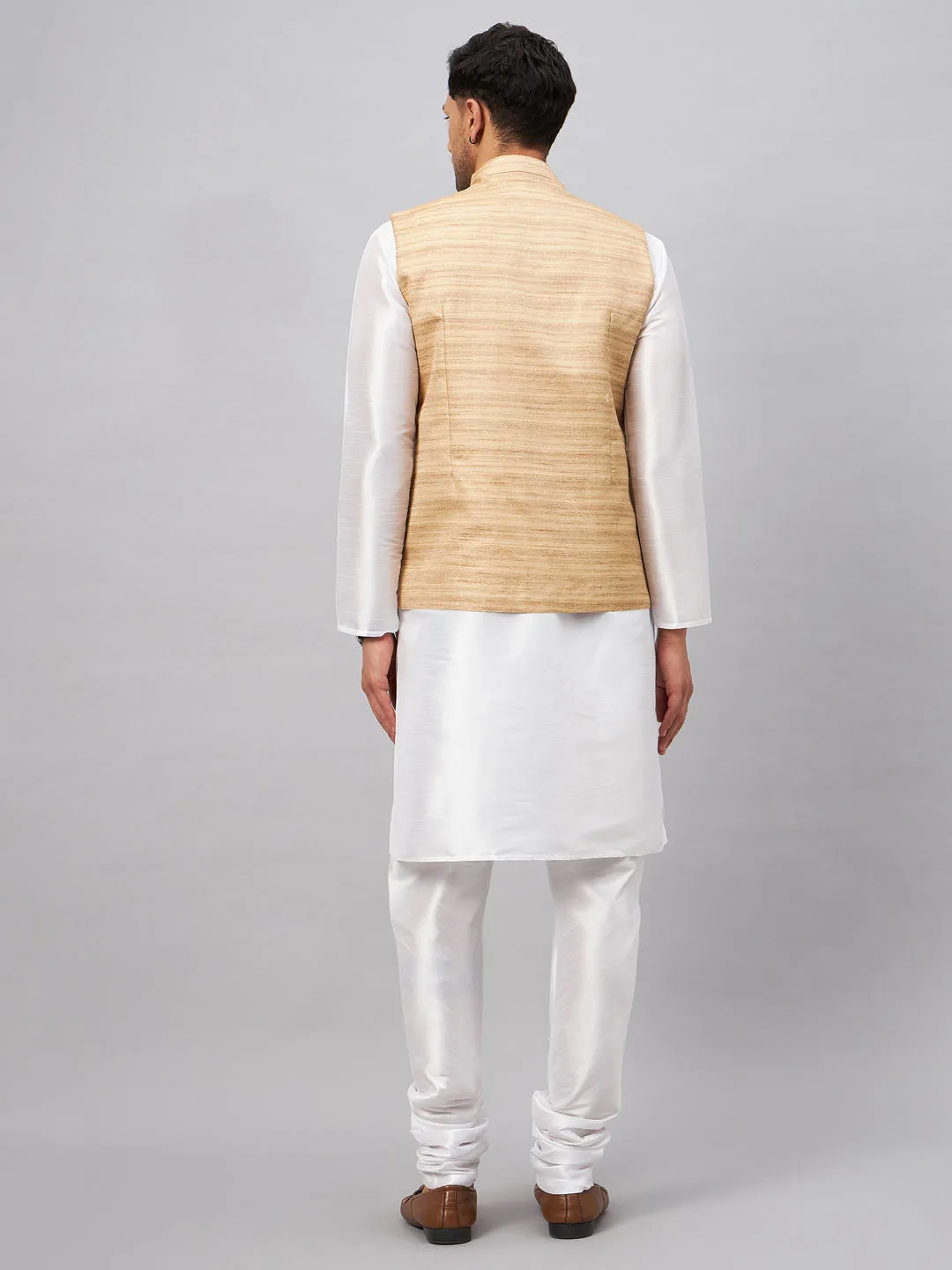 Jashvi Men's Beige Matka Silk Nehru Jacket With White Silk Blend Kurta Pyjama Set