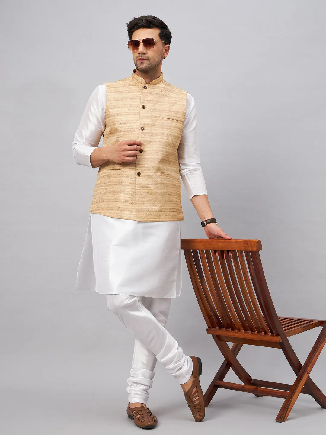 Jashvi Men's Beige Matka Silk Nehru Jacket With White Silk Blend Kurta Pyjama Set