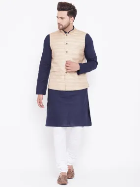 Jashvi Men's Beige, Navy Blue And White Cotton Blend Jacket, Kurta and Pyjama Set