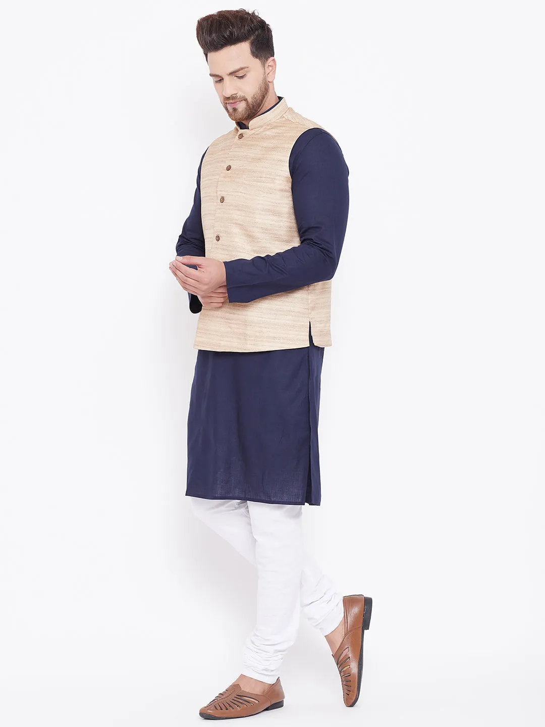 Jashvi Men's Beige, Navy Blue And White Cotton Blend Jacket, Kurta and Pyjama Set