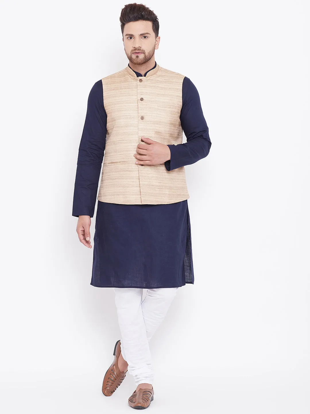 Jashvi Men's Beige, Navy Blue And White Cotton Blend Jacket, Kurta and Pyjama Set