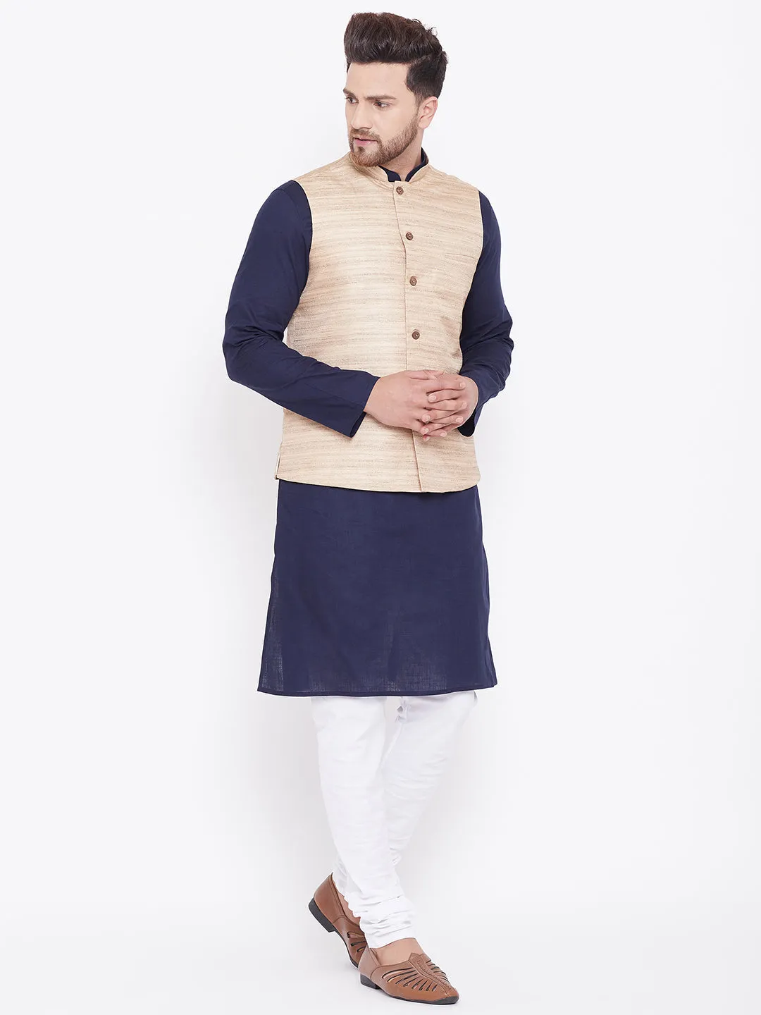 Jashvi Men's Beige, Navy Blue And White Cotton Blend Jacket, Kurta and Pyjama Set