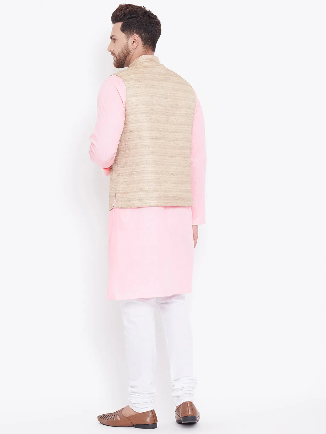 Jashvi Men's Beige, Pink And White Cotton Blend Jacket, Kurta and Pyjama Set