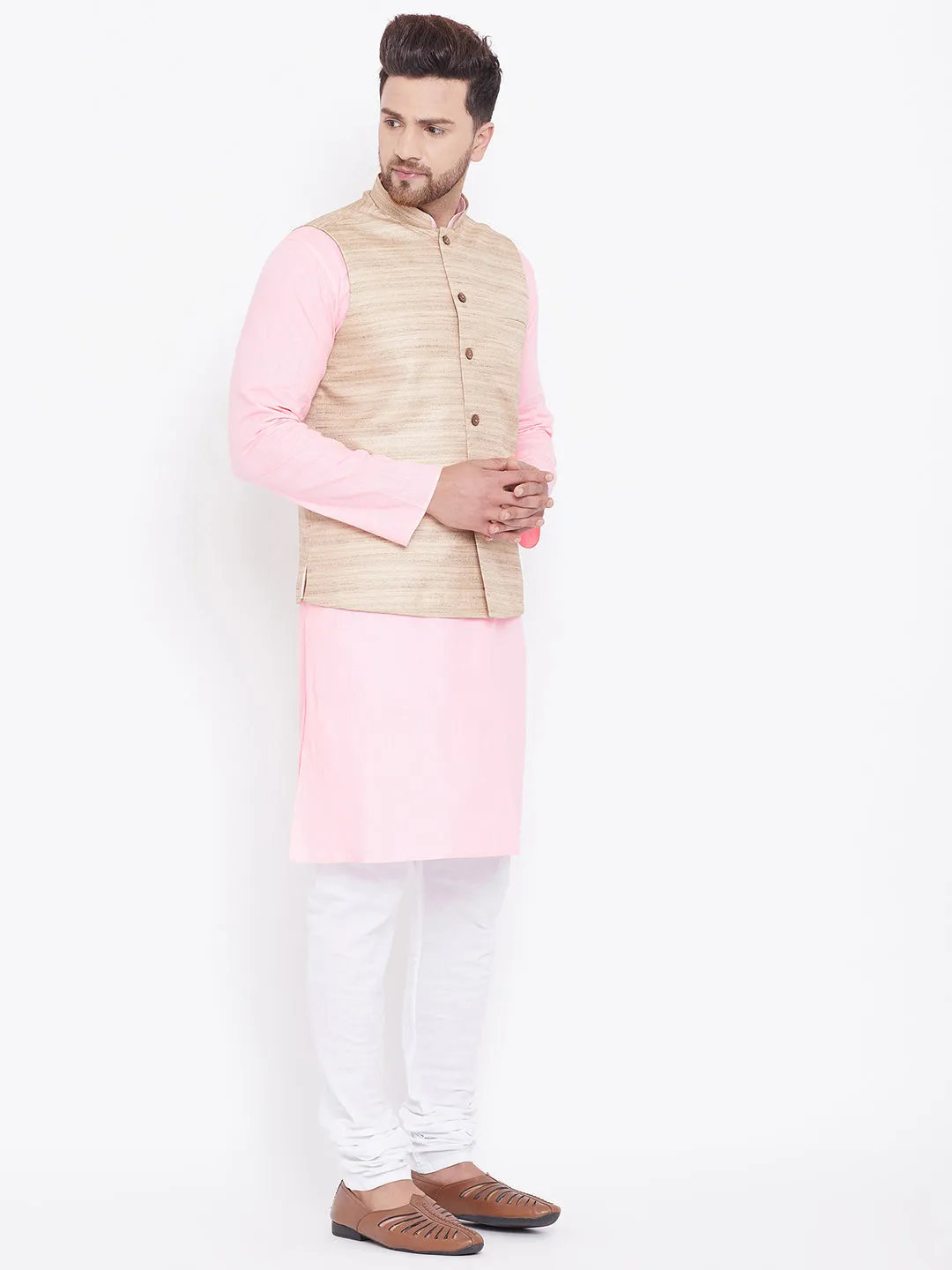 Jashvi Men's Beige, Pink And White Cotton Blend Jacket, Kurta and Pyjama Set