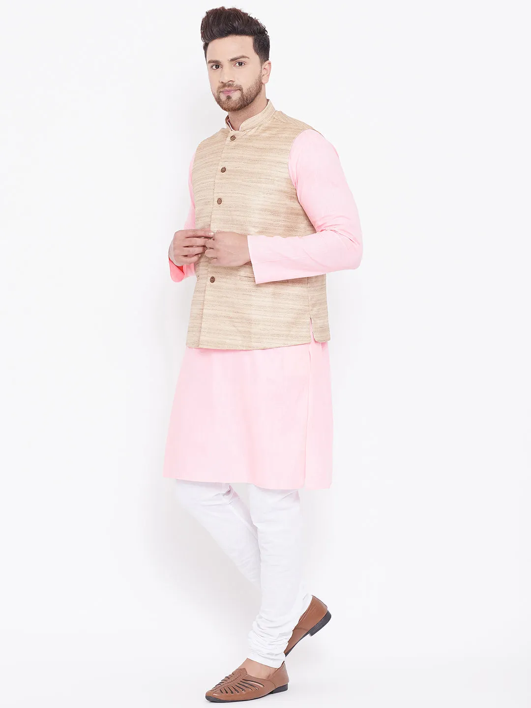 Jashvi Men's Beige, Pink And White Cotton Blend Jacket, Kurta and Pyjama Set