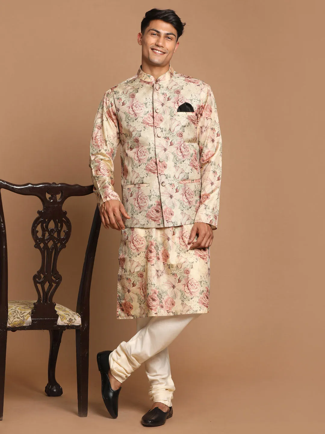 Jashvi Men's Beige Printed Jacket