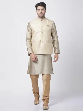 Jashvi Men's Beige Silk Blend Jacket With Kurta Pyjama Set