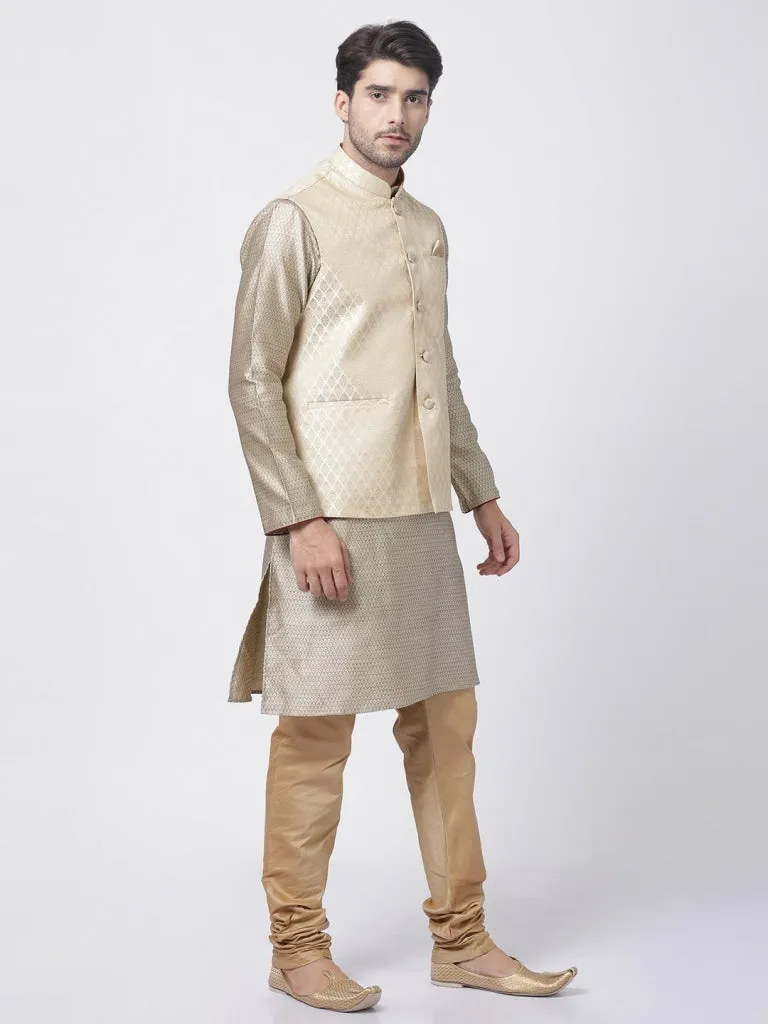 Jashvi Men's Beige Silk Blend Jacket With Kurta Pyjama Set