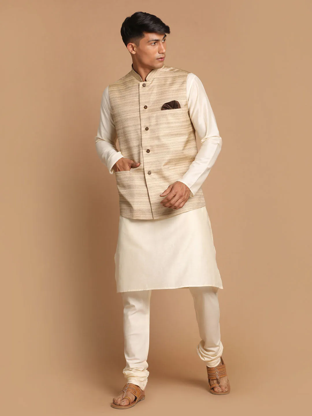 Jashvi Men's Beige Textured Slim-Fit Nehru Jacket With Cream Colored Kurta Pajama Set