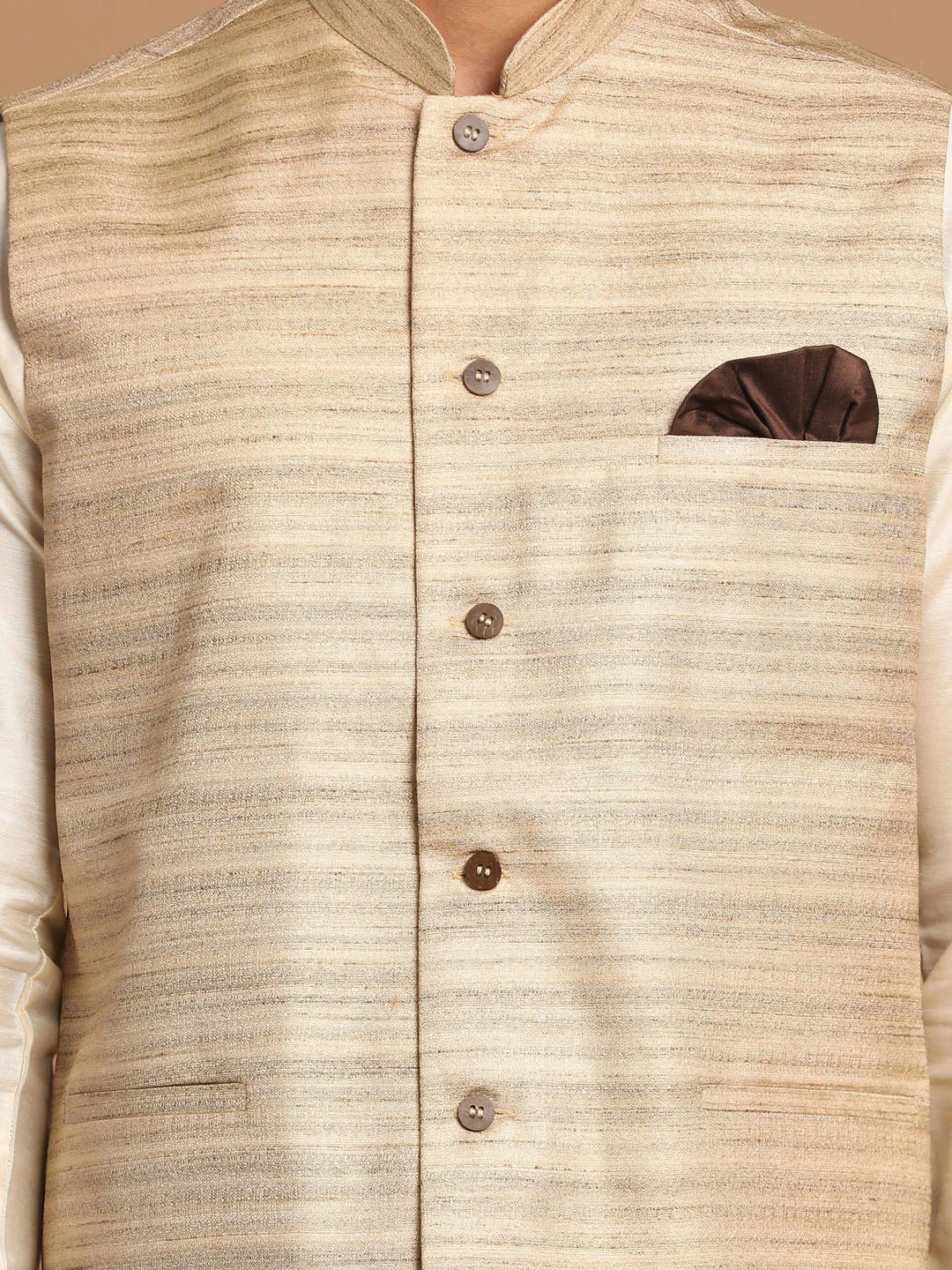 Jashvi Men's Beige Textured Slim-Fit Nehru Jacket With Cream Colored Kurta Pajama Set